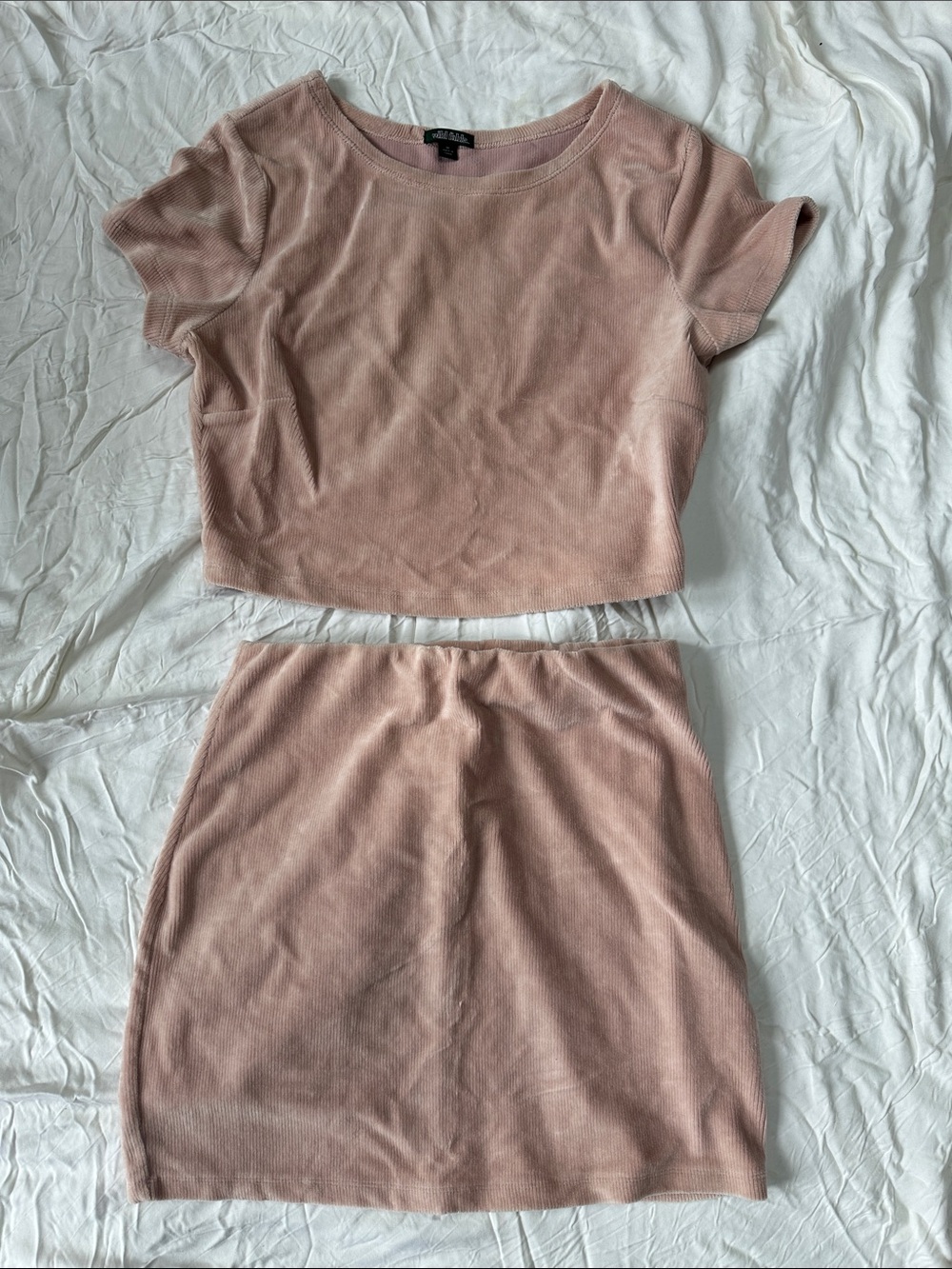 Two-Piece Ribbed Corduroy Crop Top & Mini Skirt Set - Blush Pink